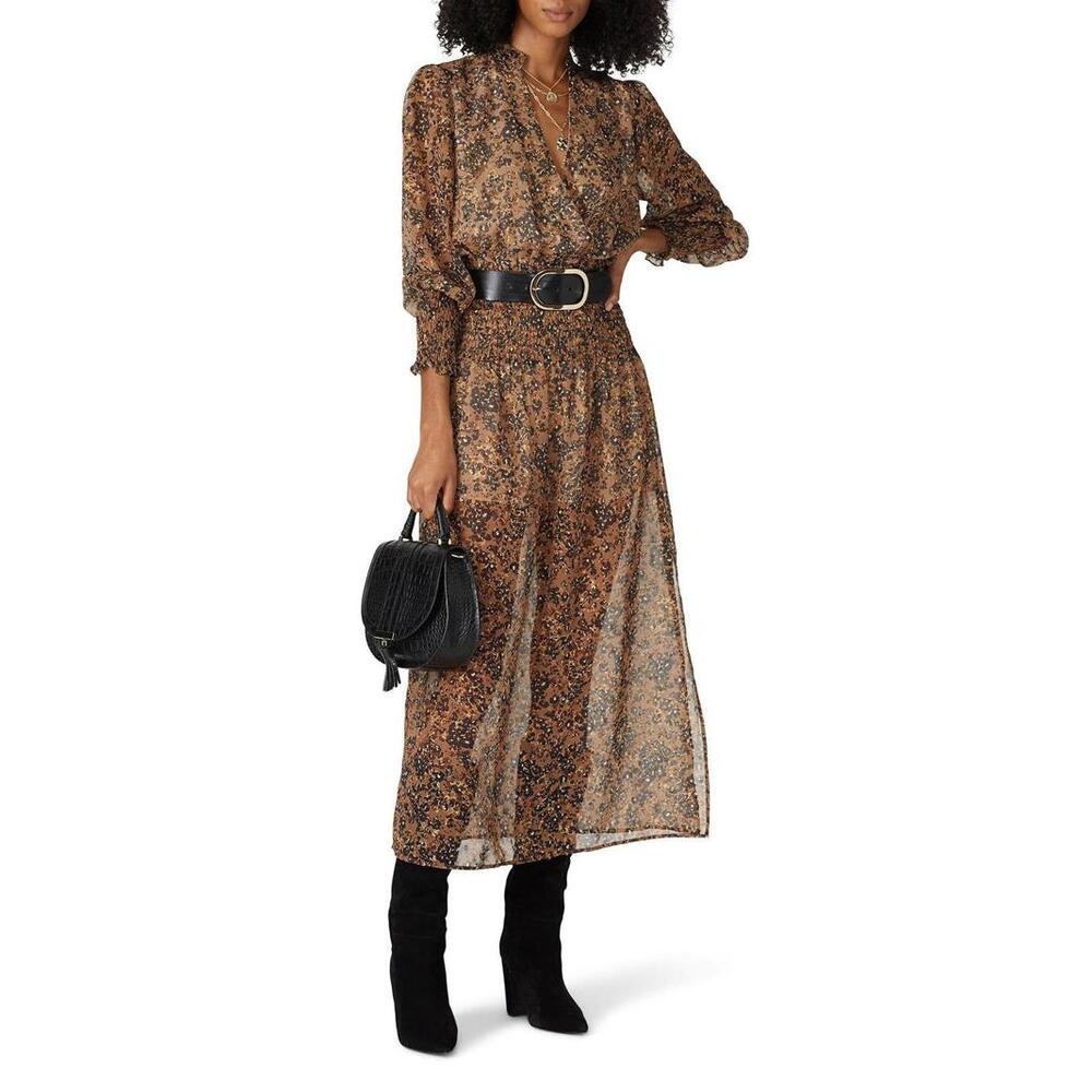 Waverly Grey Floral Brown Printed Chiffon Brynlee Dress Size L (No Belt)